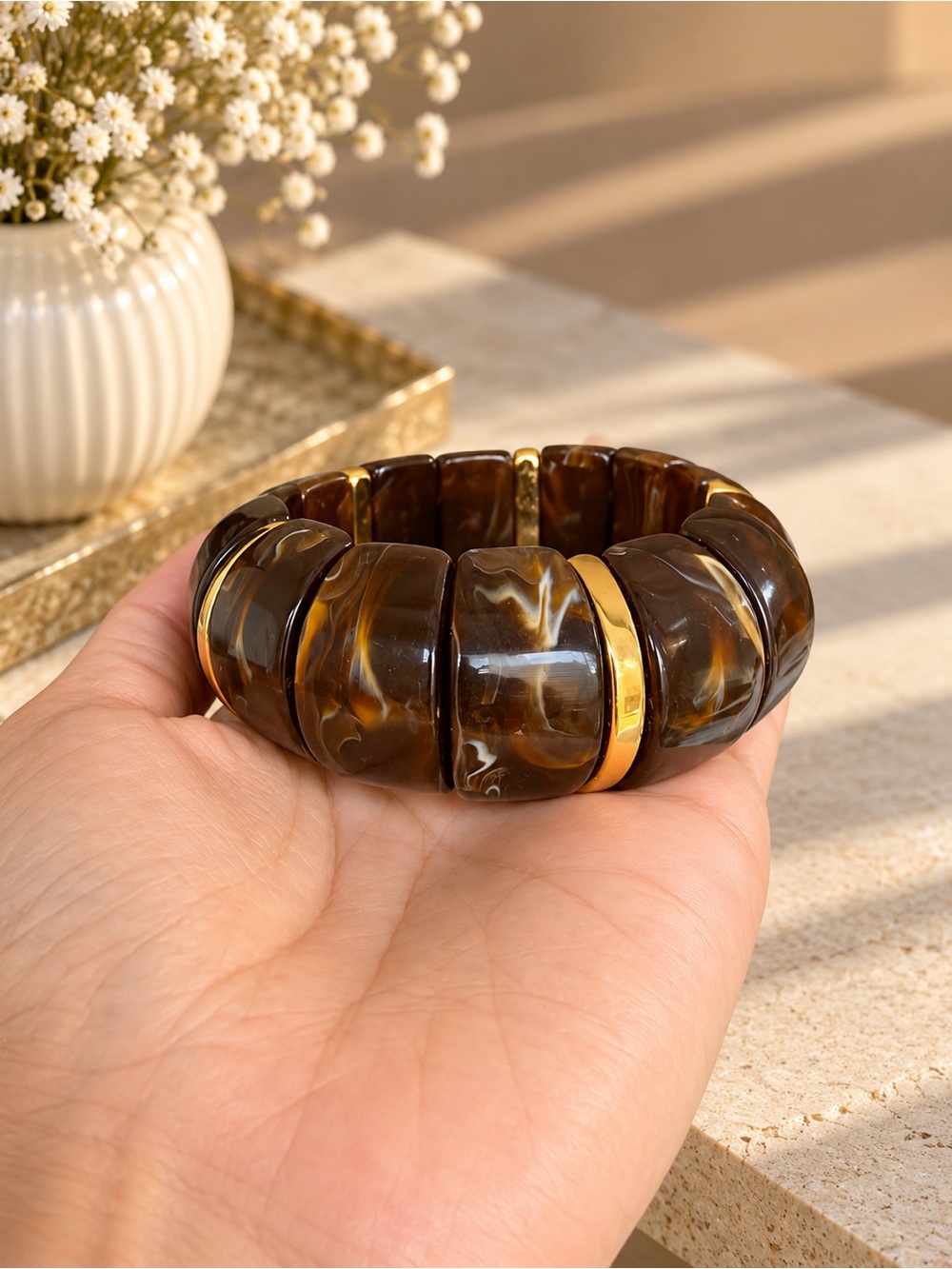 Tortoiseshell Stretch Bracelet with Gold Accent